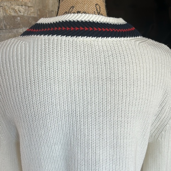 Cabi Ace pullover cream knit vneck sweater bell sleeve red blue stripe side slit - Picture 11 of 16